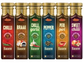 Bottle sauces in 6 flavours (Chilli sauce, sweet chilli, peri peri, pepper,chilli & garlic and braai