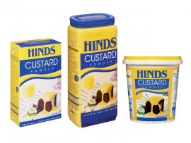 Hinds Custard Powder available in a 500g canister, 250g and 125g cartons