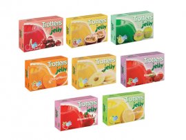 Trotters jelly available in 8 flavours (Strawberry, Raspberry, Orange, Lemon, Pineapple, Greengage